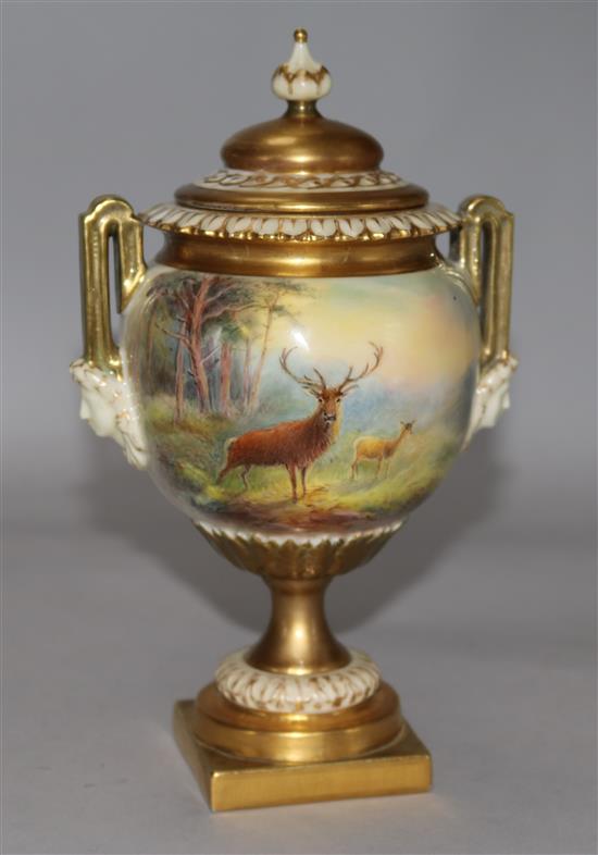 A Royal Worcester vase and cover painted with stags by Harry Stinton, 8in.